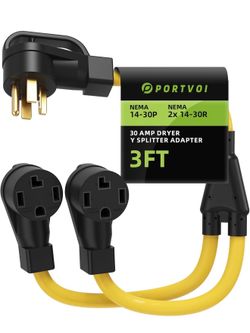 NEMA 14-30P to 2X 14-30R Y Splitter Adapter Cord 3FT, 4 Prong 30 Amp 125/250V Dryer EV Charger Splitter, STW 10/4 Heavy Duty Pure Copper Cable, One De