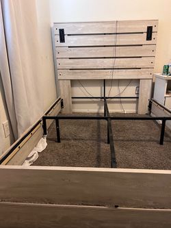 Full Size Farmhouse Bed Frame only, 51" Headboard with LED Reading Lights, Rustic Wood Look Ash White