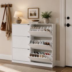 Reduced -31.5" 3-Tier Flip-Drawer Shoe Storage Cabinet – White, Fully Assembled