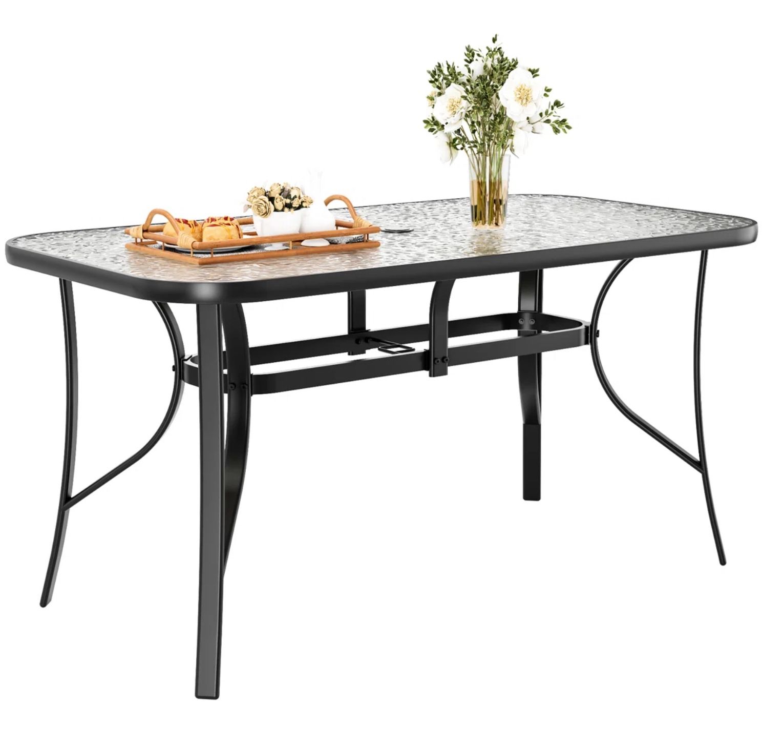 Black patio outdoor table tempered glass with umbrella hole new