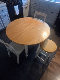 Round Wood Dining Table with Chairs and Stool