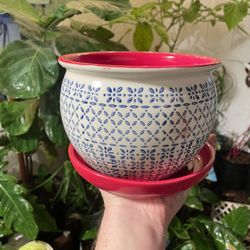White-Red + Mini Blue Accents Clay Pot Planter & Detached Saucer