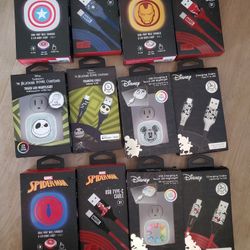Matching Sets Of Avengers, Disney, Marvel ,USB-A AND USB-C PORTS WITH CHARGING CABLES FOR IPHONE AND ANDROID 