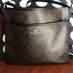 Authentic Coach Signature File Cross Bag F58297 Dark Brown And Black PVC Leather