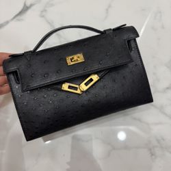 Hermes Pochette Black Ostrich Leather