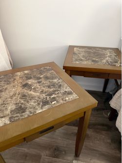 Set of 2 Mid-Century Marble Top Wood Nightstands / Side Tables