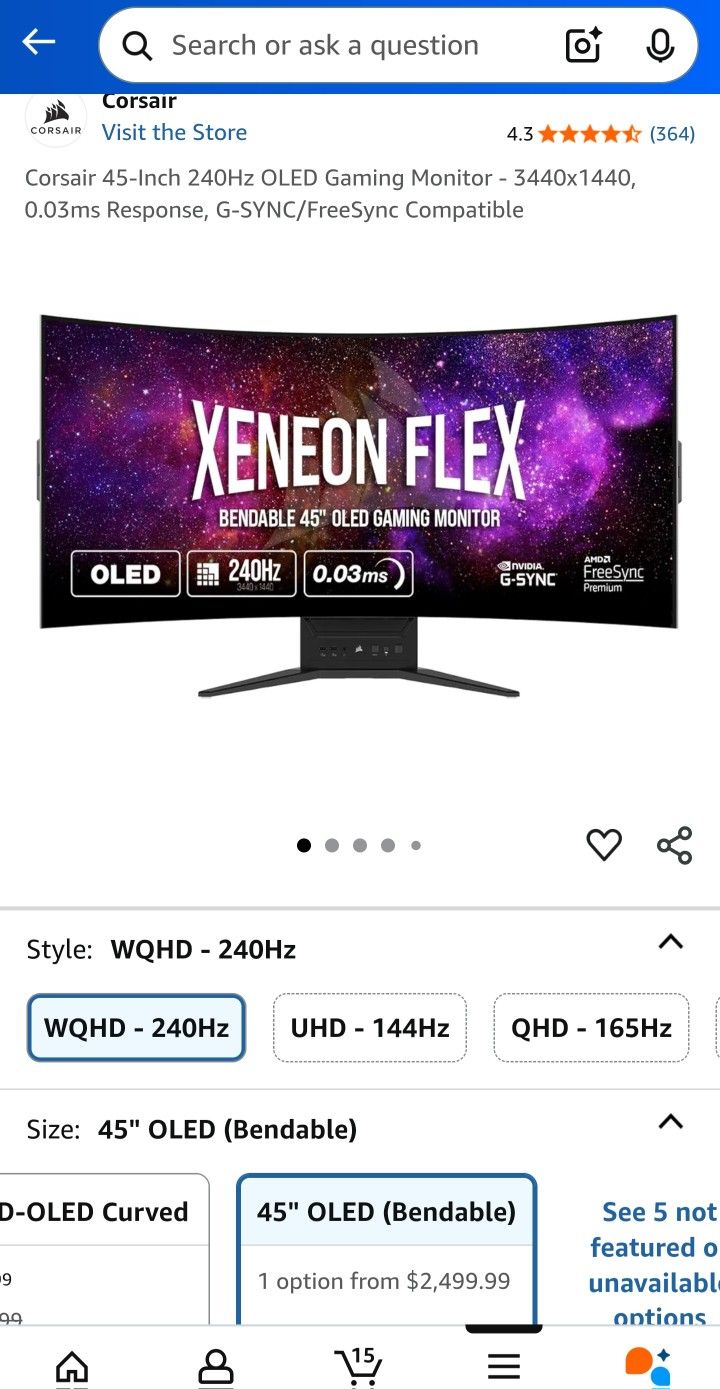 Corsair 45-Inch 240Hz OLED Gaming Monitor - 3440x1440, 0.03ms Response, G-SYNC/FreeSync Compatible