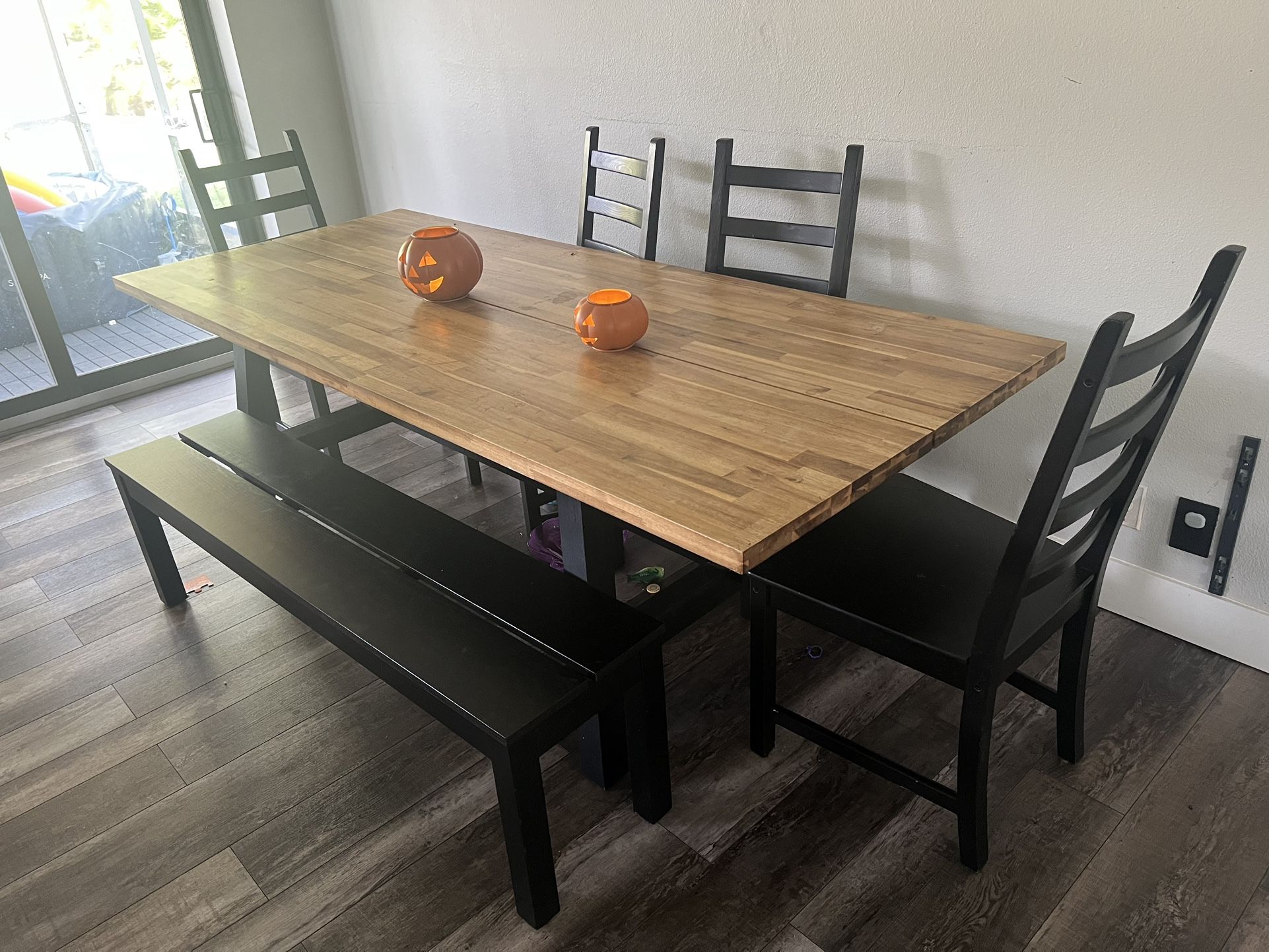 Barn Table For 6-8 With Bench and Three Chairs