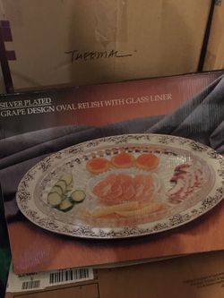 Silver plated grape design oval relish with glass liner