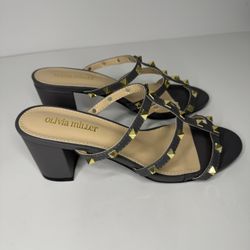 Grey/Gold Open Toe Strappy Block Heel Mules Size 9