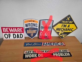 collection of humorous and patriotic differentprices decorative signs, made of metal  different prices