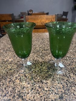 Green Bubble Glass Wine Goblets Set of 2