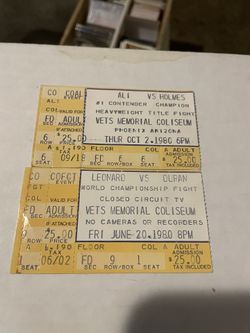 2 TICKETS STUBS 1 ALI VS HOLMES 1 LEONARD VS DURAN