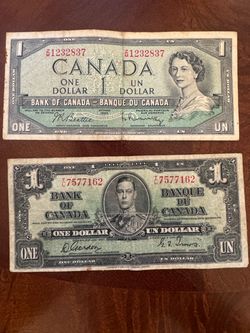Vintage Canadian One Dollar Bills Lot of 2