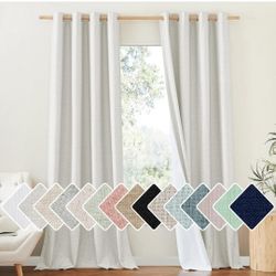 NICETOWN 100% Absolutely Blackout Linen Curtains with Thermal Insulated White Coating, Ivory, W52, 2 Pieces, Noise Reducing Textured Linen Look Curtai