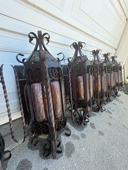 Set of 7 Vintage Spanish / Mediterranean Style Wrought Iron Outdoor Wall Sconces