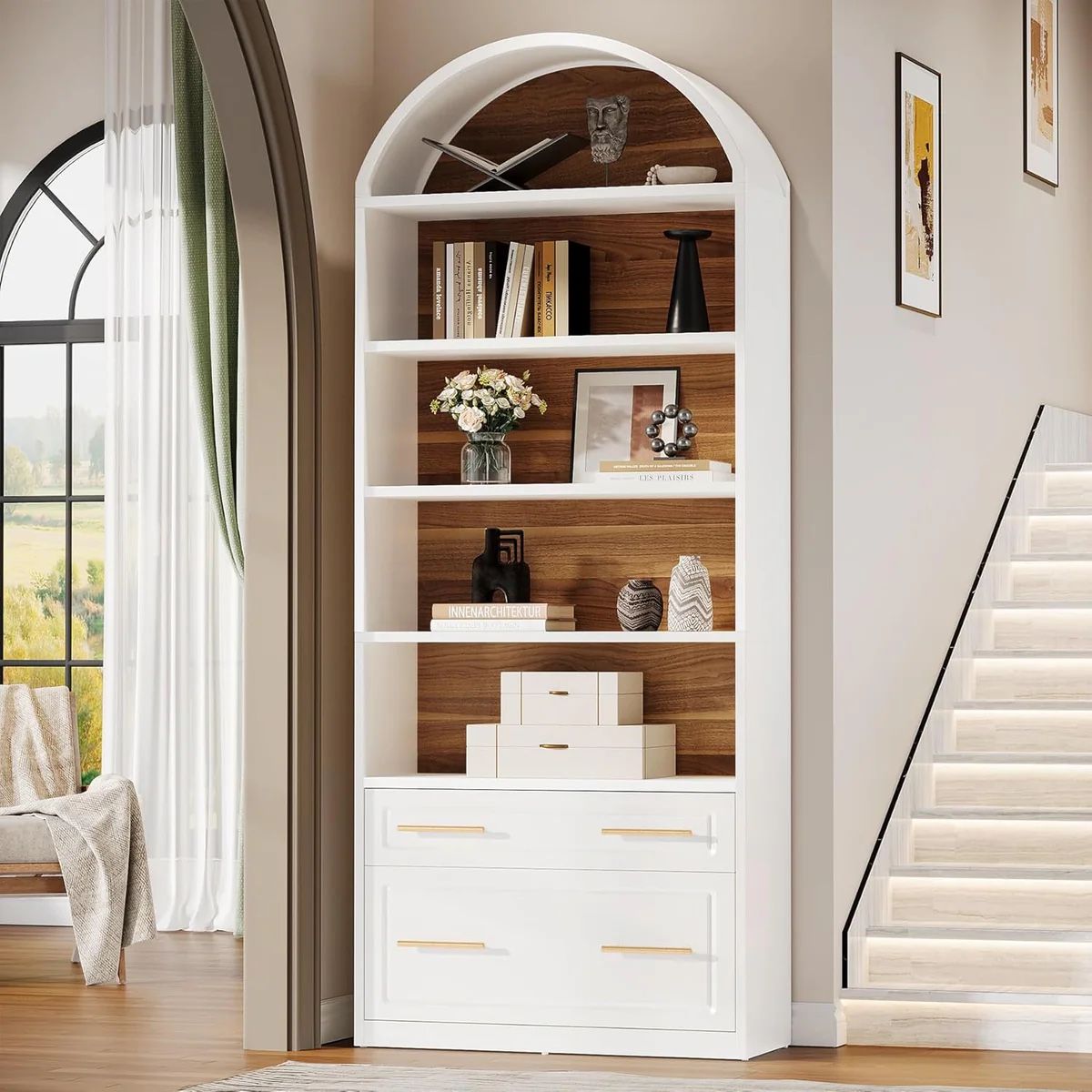 76.8" Arched Bookcase, 5-Tier Modern Bookshelf Display Shelf with File Cabinet Drawer