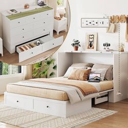 2186a  LIVAUVEAD Queen Murphy Bed with Drawer Storage & Charging Station, Murphy Bed Cabinet with Foldable Panel, for Guest Bedroom, Living Room, Offi