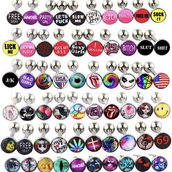 Lot of Surgical Steel Metal Tongue Rings Barbells Funny Nasty Wordings Picture Logo Signs 14g - Length 5/8" or 16mm
