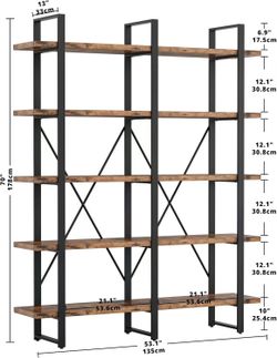 🥨IRONCK Industrial Bookshelf and Bookcase Double Wide 5 Tier, Large Open Shelves, Wood and Metal Bookshelves for Home Office Furniture