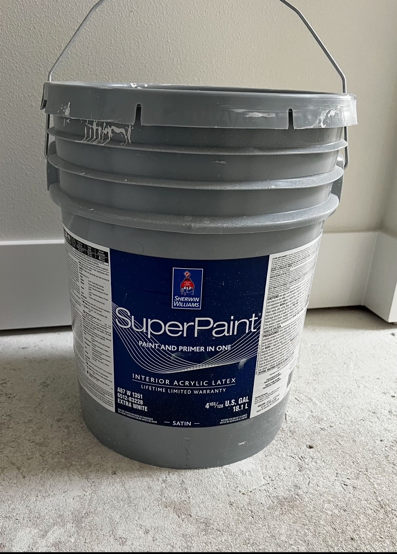 Superpaint And Primer In One. Color City Loft. Satin. Opened, Full 5 Gallons