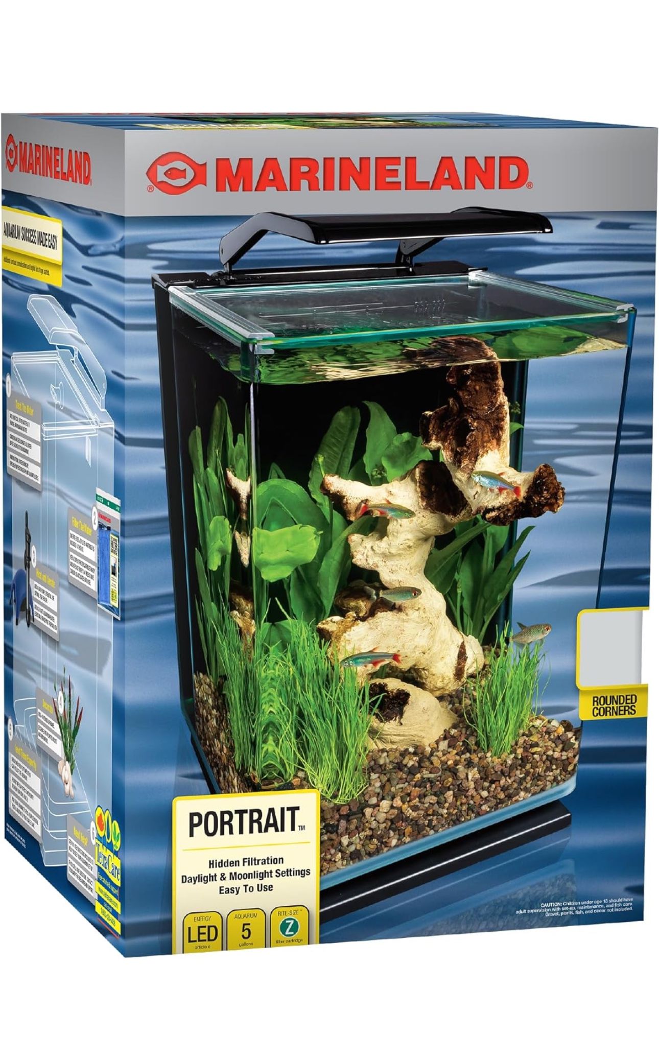 Marineland Portrait Glass LED Aquarium Kit, 5 Gallons, Hidden Filtration,Black With Air Pump New Sealed