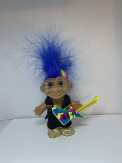Vintage Russ Troll Doll 5" Punk Rock Rockstar Guitar Blue Rainbow Mohawk Hair