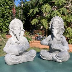 Ganesha Statues Set of 2, 11.5”/ natural concrete, Spiritual Yoga Meditation Zen