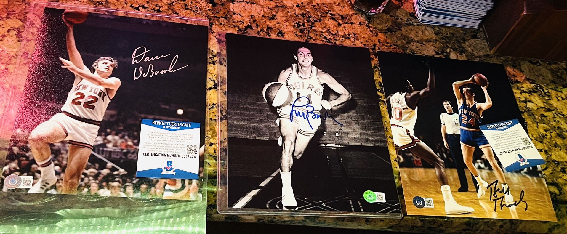 LOT- BAS COA Dave DeBusschere Larry Brown & Bill Bradley Signed Basketball Photos