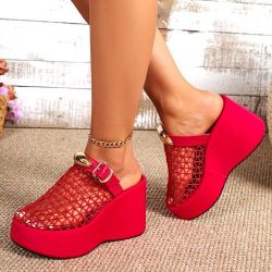 Women’s Red Platform Wedge Mesh Mules – Fashion Slip-On Sandals