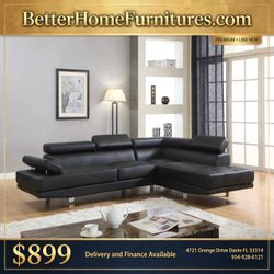 Black Leather Sectional Sofa with Adjustable Headrests- buy now pay later