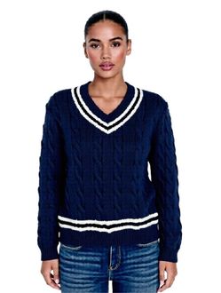 Brandy Melville Varsity Sweater Women's Medium Navy Wool Chunky Cable Knit Y2K