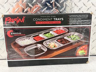 Parini Stainless Steel Condiment Tray w/ Acacia Wood Caddy, 8 Compartments