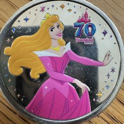 DISNEYLAND 70TH ANNIVERSARY SILVER TONE PRINCESS AURORA COLOR MEDALLION COIN