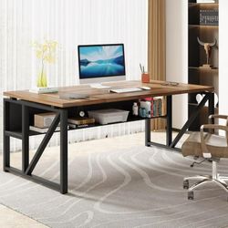 Tribesigns 63-In Computer Desk with Storage Shelf, Home Office Desk Writing Table for Workstation, Steel Leg, Cabinet not Included (Walnut & Black, 63