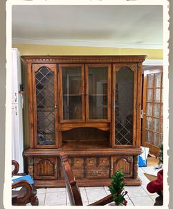 Wooden Hutch Cabinet with Glass Doors and Interior Lighting