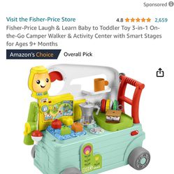 Fisher-Price Laugh & Learn Baby to Toddler Toy 3-in-1 On-the-Go Camper Walker & Activity Center with Smart Stages for Ages 9+ Months