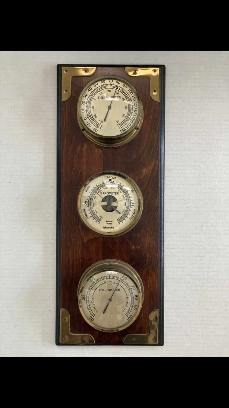 Ethan Allen Thermometer Hygrometer Barometer Weather Station French Wooden Vintage