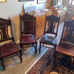 Antique Leather & Wooden Dining Chair Set