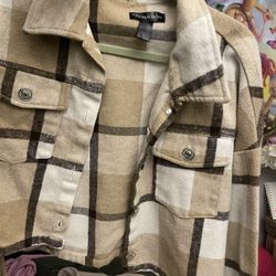 Tan And White Plaid Button Up Jacket