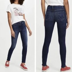 MOTHER Dark Navy Flowers From The Storm Mid Rise The Looker Skinny Jeans