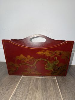 Chinese East Asian Wooden Red and Gold Laquer Magazine Rack Mail Caddy