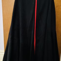 Long Jet Black Cape w/ Red Lining, Hood, Pewter Style Scandinavian Clasps, XL.