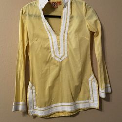 Tory Burch YELLOW SUNSHINE w/ White Trim  Tunic Top Long Sleeve. Small 