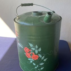 Vintage  Gas Can with Wire &  Wood Handle Signed & Painted by Artist 
