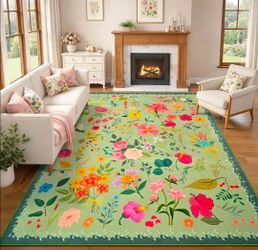 Area Rug 9x12 Feet Washable Rug Green Vintage Rug Non Slip Carpet Living Room Dining Room Office