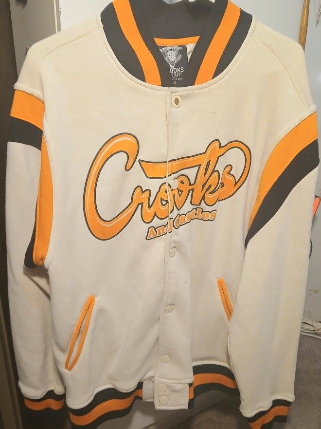 Crooks & Castles Men's Beige Varsity Bomber Jacket Fleece Large