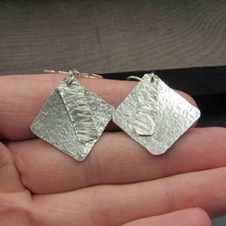 Sterling Silver Textured Diamond Shape Dangle Earrings Vintage