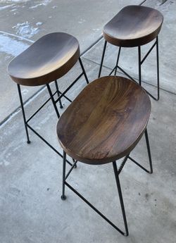 Barstools  27 Inch with Mango Wood Saddle Seat, Wrought Iron Legs, Brown and Black (x3)