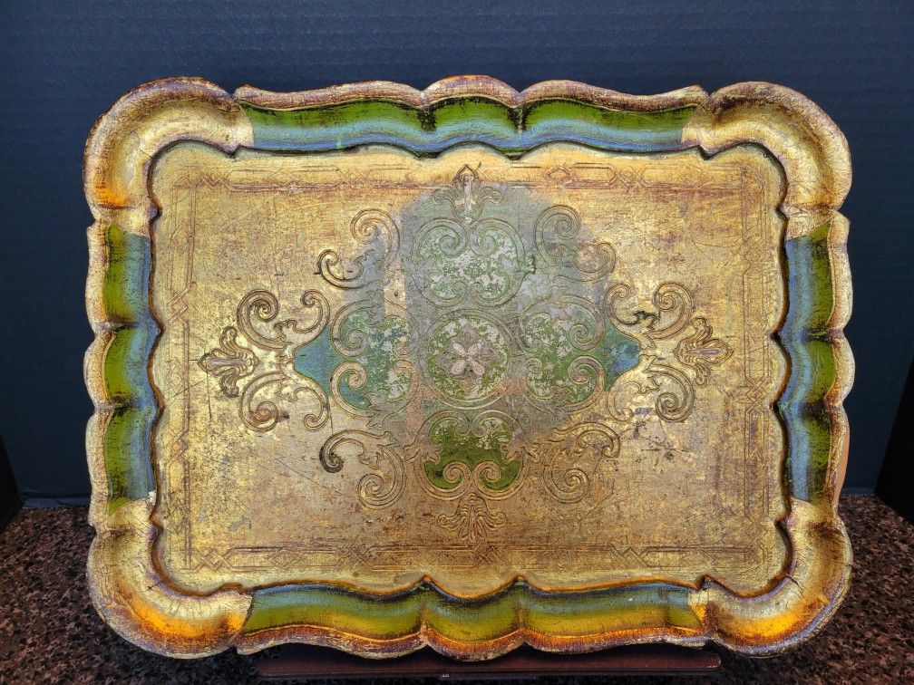 Vtg Rectangular Italian Florentia Gold Green Decorative Tray Scalloped Edges 15"